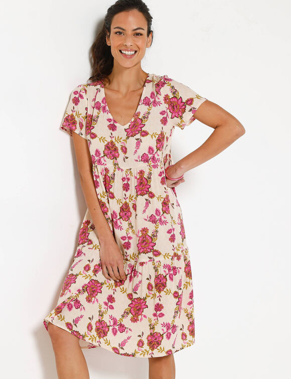 Robe courte col V imprim&eacute; fleuri, cr&eacute;pon (&eacute;cru / rose)