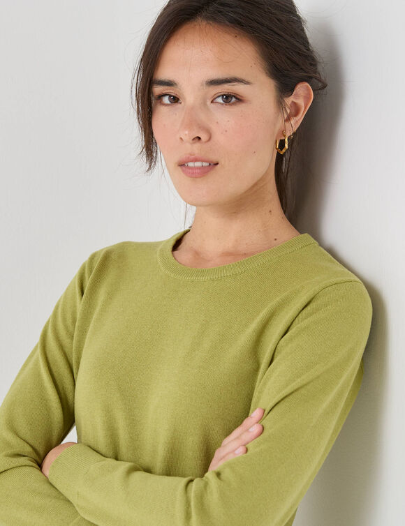 Pull col rond, laine d'agneau (vert mousse)