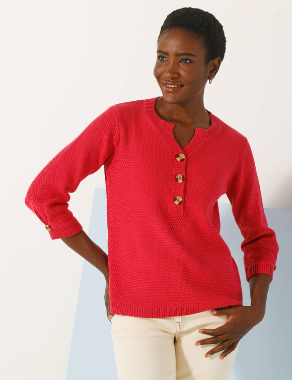 Pull col tunisien manches 3/4, maille fantaisie (framboise)