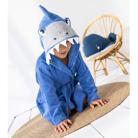 Badjas voor kinderen, haaienmotief, in katoenen badstof - 340 g/m2 (felblauw)