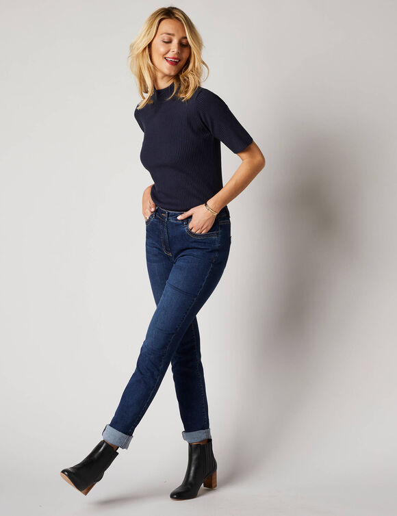 Pull col montant manches courtes, maille côtelée (marine)