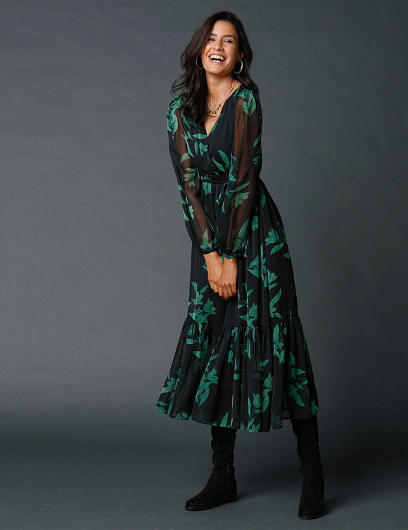 Robe longue volant, voile imprimé (noir / émeraude)