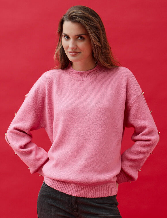 Pull loose manches ajour&eacute;es &agrave; boutons-coeurs fantaisie (rose)