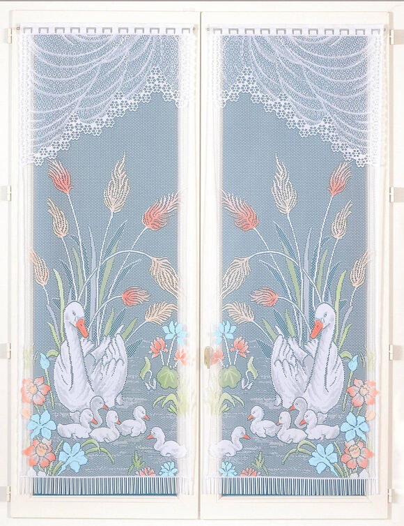 Recht glasgordijn met zwanenmotief - per paar (geverfd)