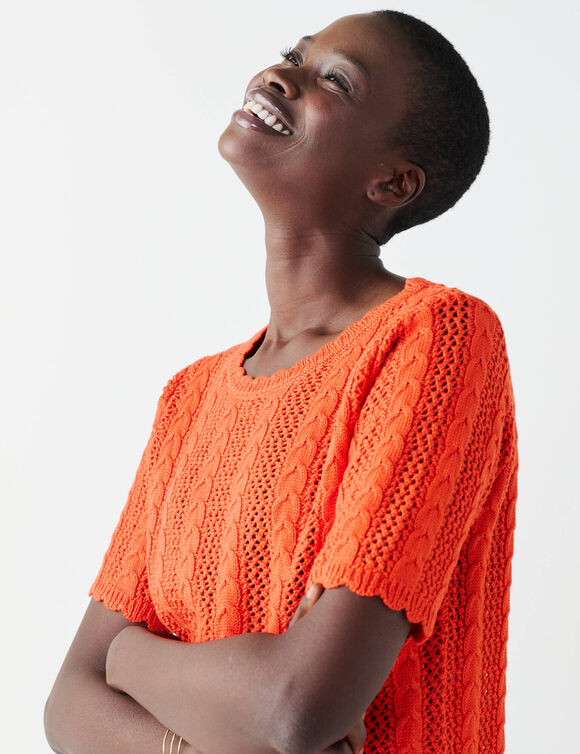Pull festonn&eacute; col rond manches coudes, maille ajour&eacute;e fantaisie (orange)