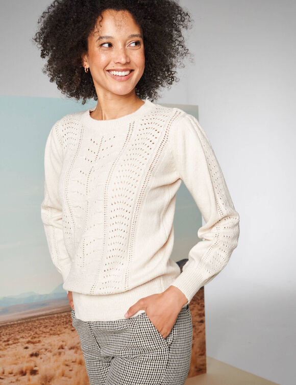 Pull col rond, maille fantaisie toucher doux (écru)