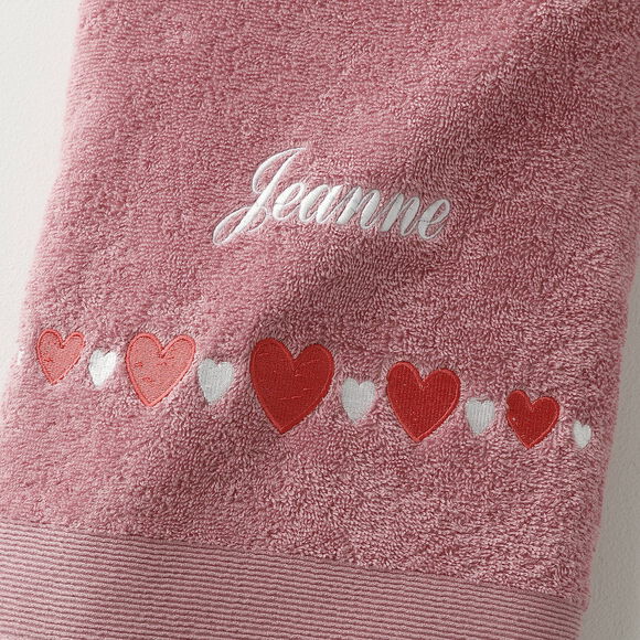 Serviettes de bain brodées cœurs, personnalisable (vieux rose)