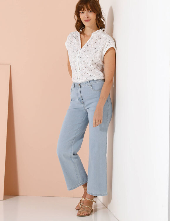 Chemisier manches courtes col volanté, broderie anglaise (blanc)
