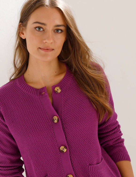 Gilet paletot maille fantaisie, boutons effet corne (violet)