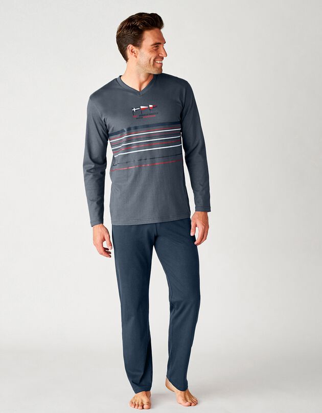 Pyjama met lange mouwen in zachtgemaakt katoen, V-hals (grijsblauw / marine)