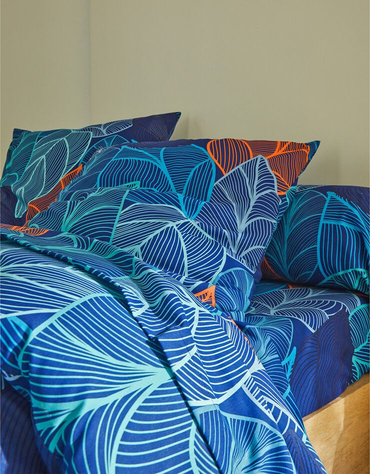 Linge de lit Elsa en polycoton à motifs feuilles (bleu)