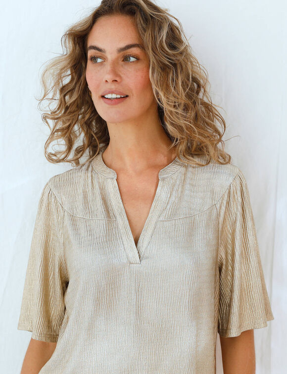 T-shirt dor&eacute; manches "coude", maille fantaisie pliss&eacute;e (dor&eacute;)