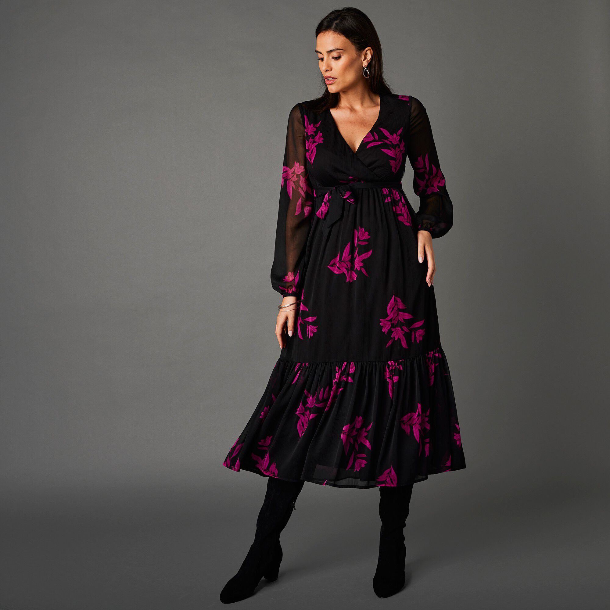 Robe longue voile imprim fleurs noir violine Blancheporte