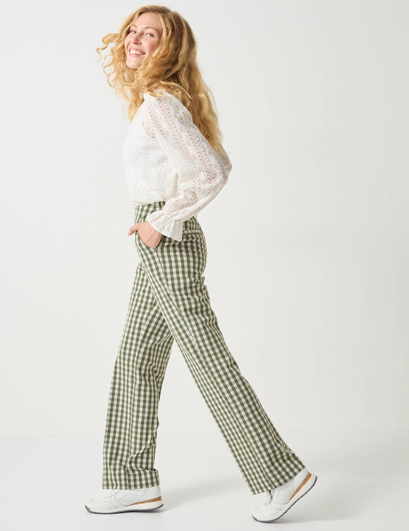 Pantalon droit à carreaux tissé-teint (vert / écru)