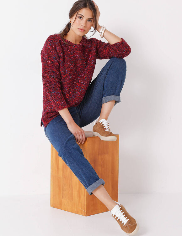 Pull maille bouclette, col bateau (prune)
