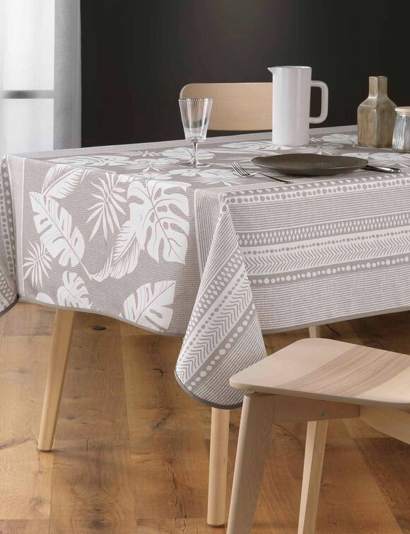 Tweekleurig tafellaken met bladerenprint, vlot onderhoud (naturel)
