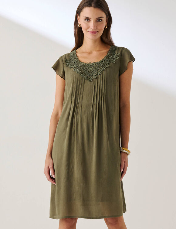 Effen jurk in crepon met macram&eacute; (kaki)