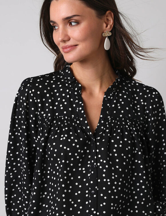 Chemisier boutonn&eacute; &agrave; d&eacute;tails smock&eacute;s, imprim&eacute; mini pois (noir / blanc)