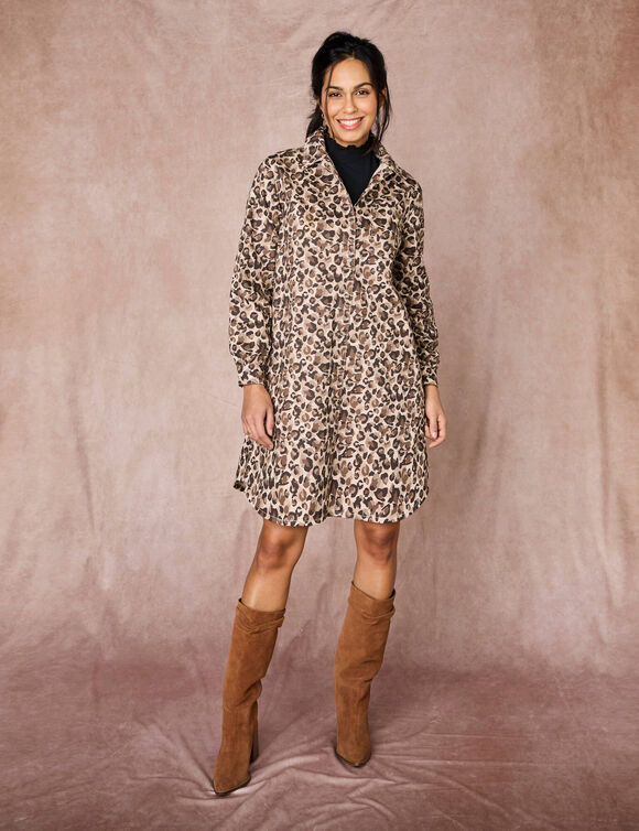 Robe-chemisier imprimée peau de bête, manches longues (taupe)