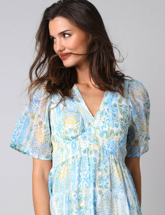 Robe longue imprim&eacute;e en voile "chiffon" (bleu / jaune)