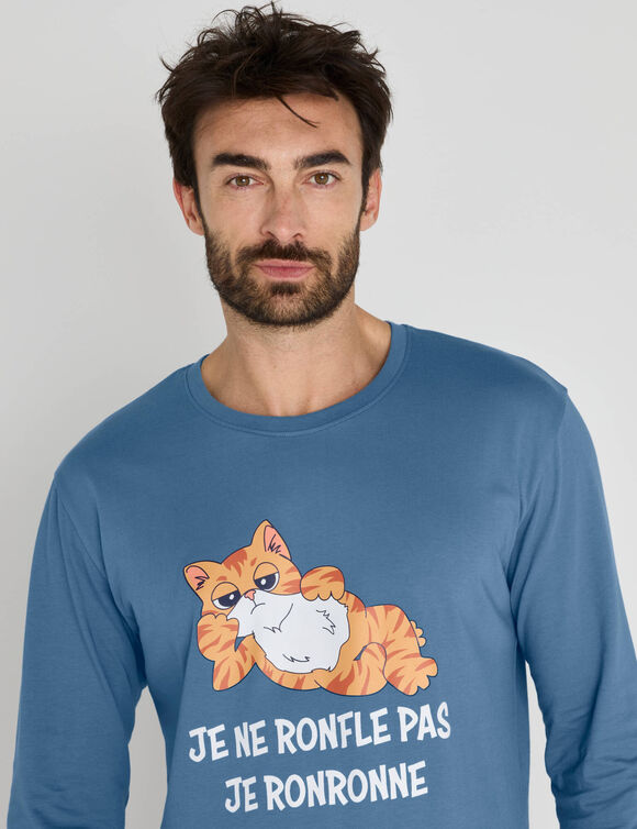 Pyjama coton imprim&eacute; message, manches longues (bleu / gris)