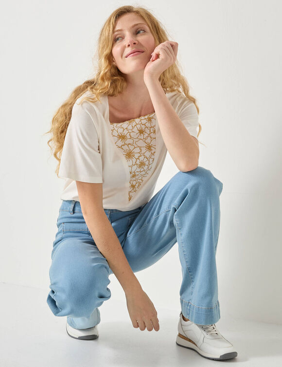 T-shirt boite brodé, manches courtes amples (écru)