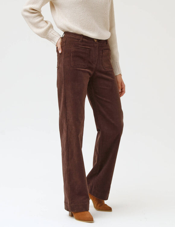 Pantalon velours coupe large taille haute, petite stature (chocolat)