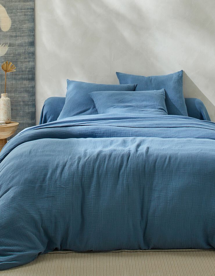 Linge de lit uni en triple gaze de coton (bleu)