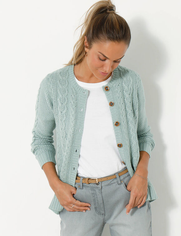 Cardigan boutonné, maille torsadée (vert grisé)