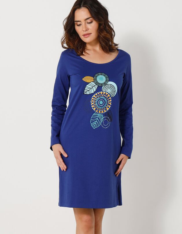 Kort nachthemd met lange mouwen en rozettenmotief (felblauw)