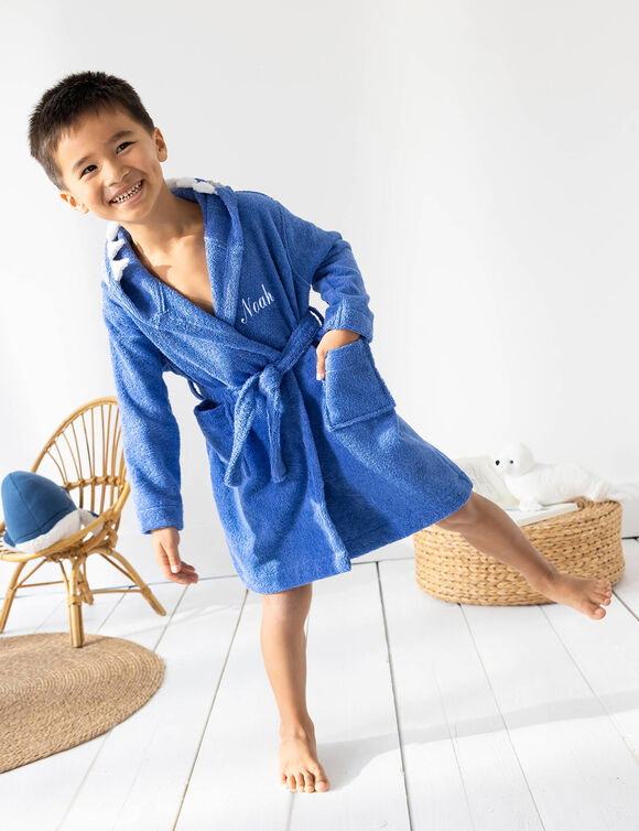 Kinderbadjas met haaiennmotief en kap, personaliseerbaar - 340 g/m² (felblauw)