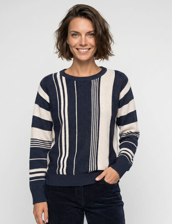 Trui in blousonstijl met verticale strepen, losse pasvorm (marine / beige)
