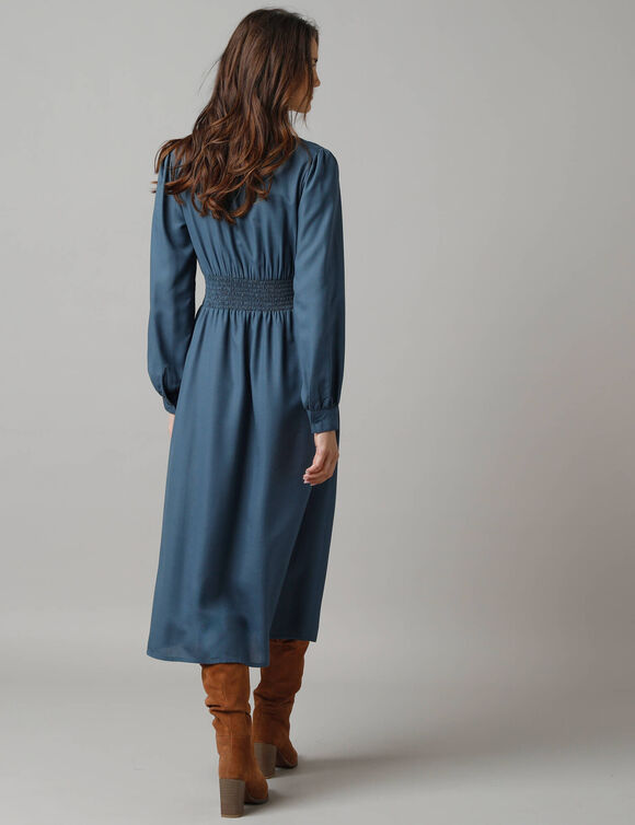 Robe unie manches longues, détails volantés (gris bleuté)