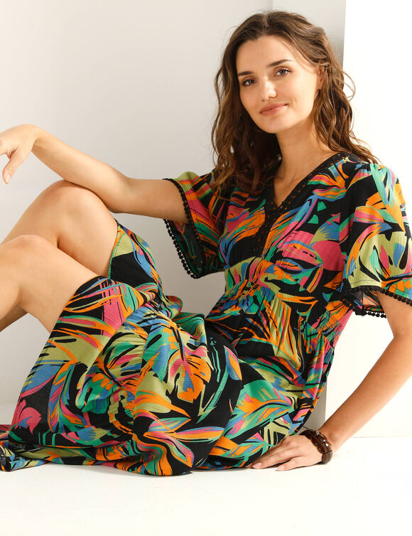 Robe longue macram&eacute;, imprim&eacute; tropical (zwart)