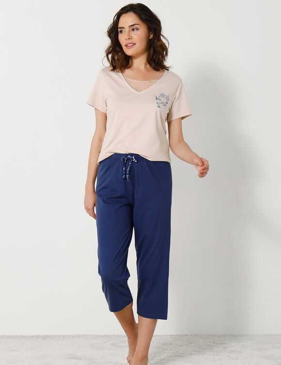 T- shirt pyjama manches courtes motif floral imprim&eacute;  (sable)