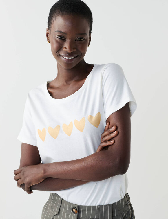 T-shirt manches courtes, imprim&eacute; coeurs dor&eacute;s (&eacute;cru)