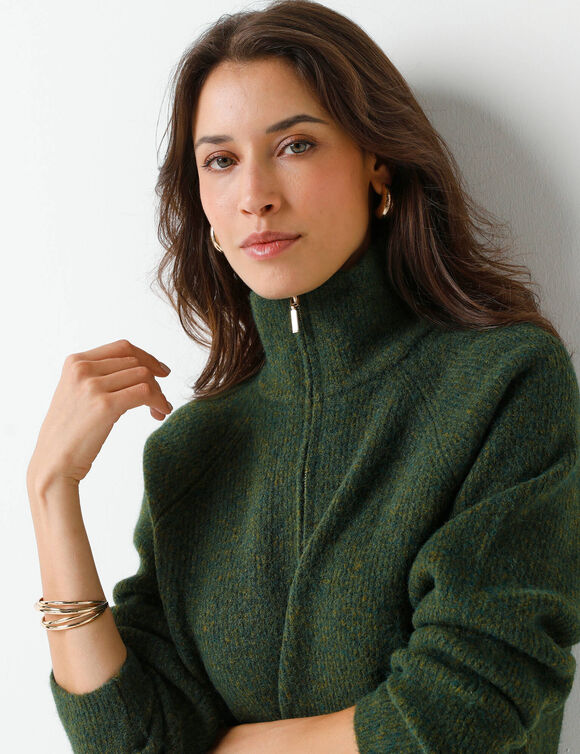 Robe pull col camionneur, maille c&ocirc;tel&eacute;e en laine m&eacute;lang&eacute;e (vert olive)