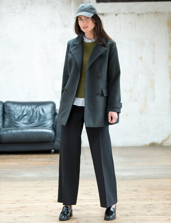 Manteau caban boutonn&eacute; uni (anthracite chin&eacute;)