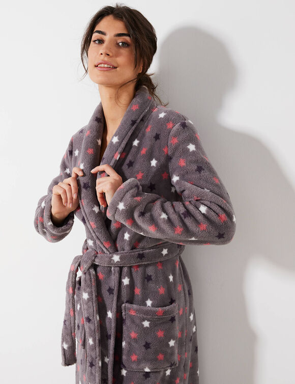 Peignoir polaire toucher peluche manches longues, longueur 130 cm  (gris / rose)