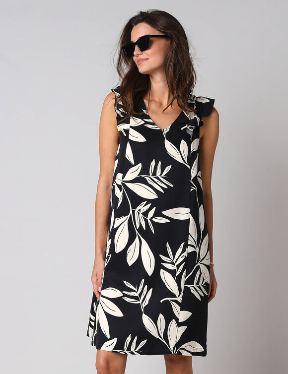 Robe courte col V imprim&eacute; feuillage, &agrave; mancherons volant&eacute;s (noir / &eacute;cru)