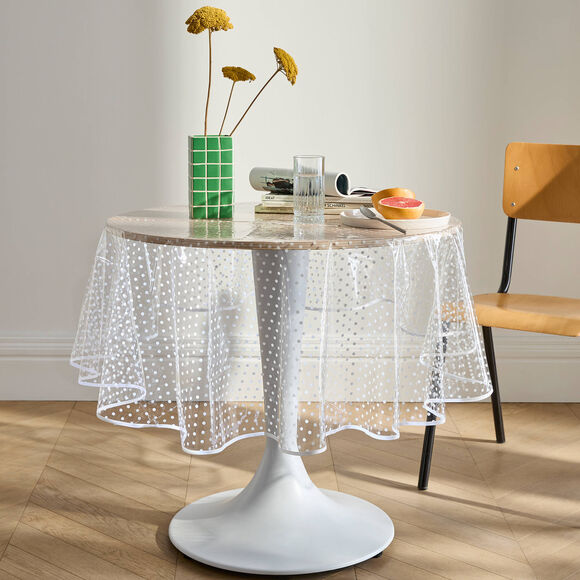 Tafellaken in doorzichtige toile cir&eacute;e met witte stippenprint (transparant / wit)