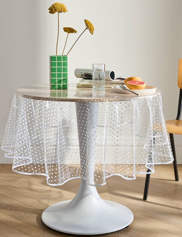 Tafellaken in doorzichtige toile cir&eacute;e met witte stippenprint (transparant / wit)