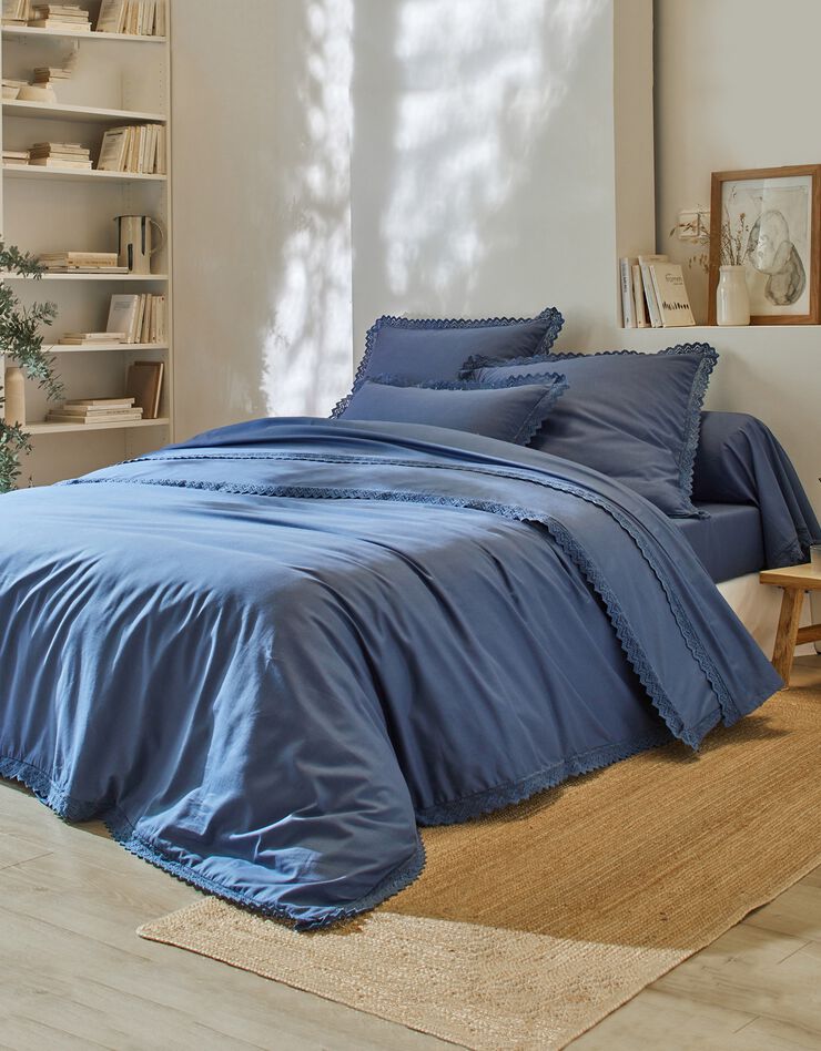 Linge de lit uni dentelle coton (marine)