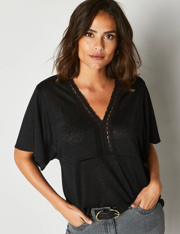 Tunique col macram&eacute;, manches courtes (noir)