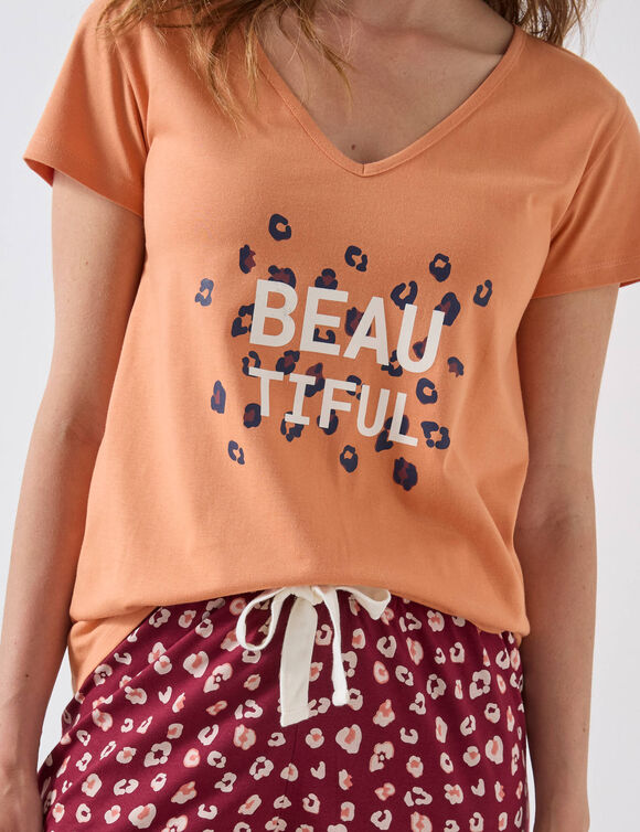 Tee-shirt manches courtes coton uni imprimé placé "Beautiful" (cuivre)