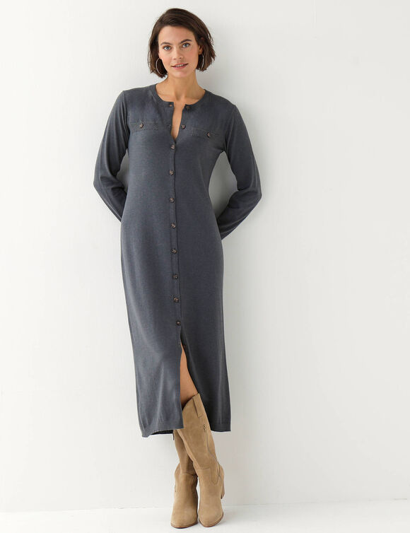 Robe pull longue boutonn&eacute;e, manches longues (gris chin&eacute;)