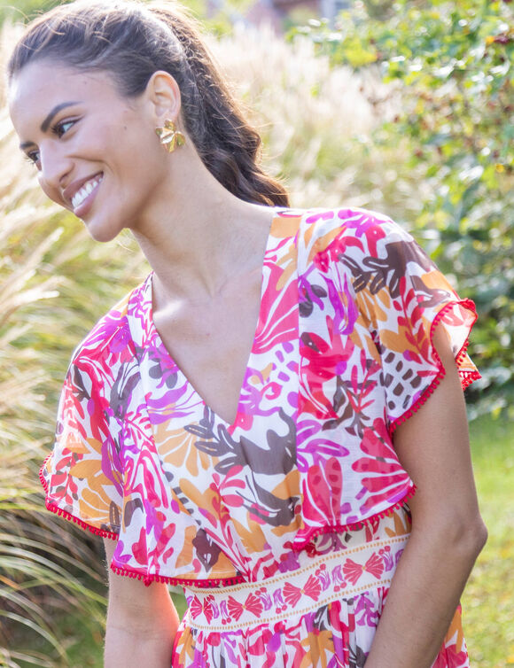 Robe longue manches volant&eacute;es, imprim&eacute; multicolore (multicolore)