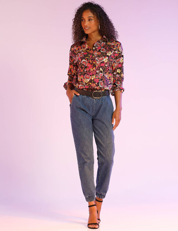 Chemisier boutonn&eacute; imprim&eacute; fleurs (noir / fuchsia)