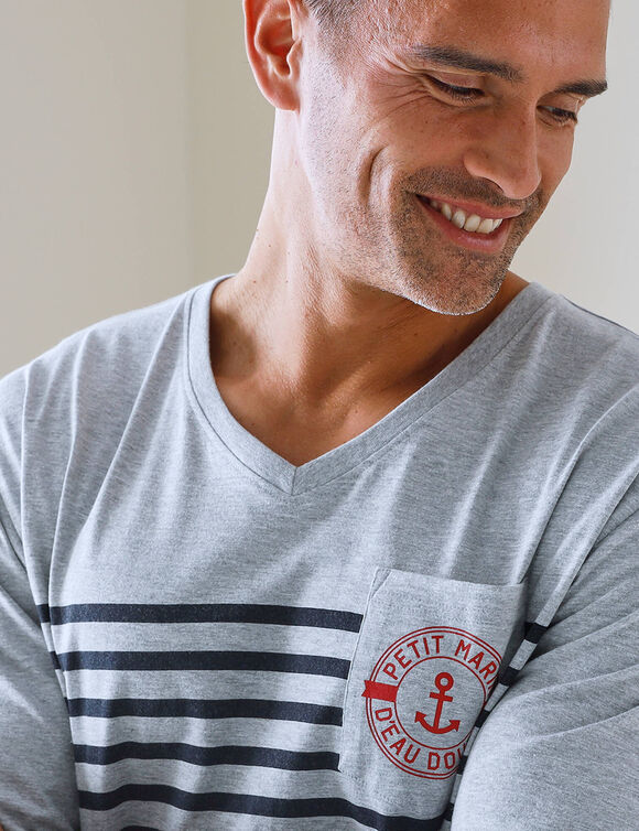 Pyjama col V &agrave; message (gris chin&eacute; / marine)