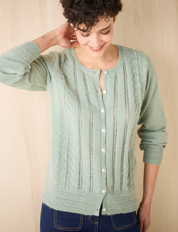 Gilet boutonné col rond, maille fantaisie (vert d'eau)
